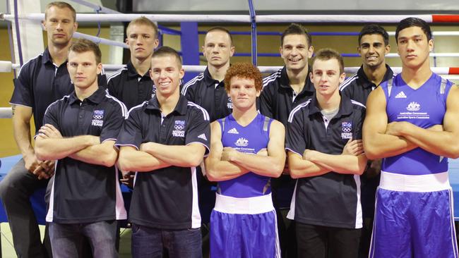 Luke Jackson (third from left, top row) with the 2012 Olympic boxing team. Picture: AAP