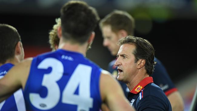 Coach Luke Beveridge had his work cutout when the Dogs’ went goalless in the opening term, but they found a response. Picture: AFL Photos/Getty Images