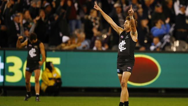 Dale Thomas celebrates Carlton’s win. Picture: Wayne Ludbey