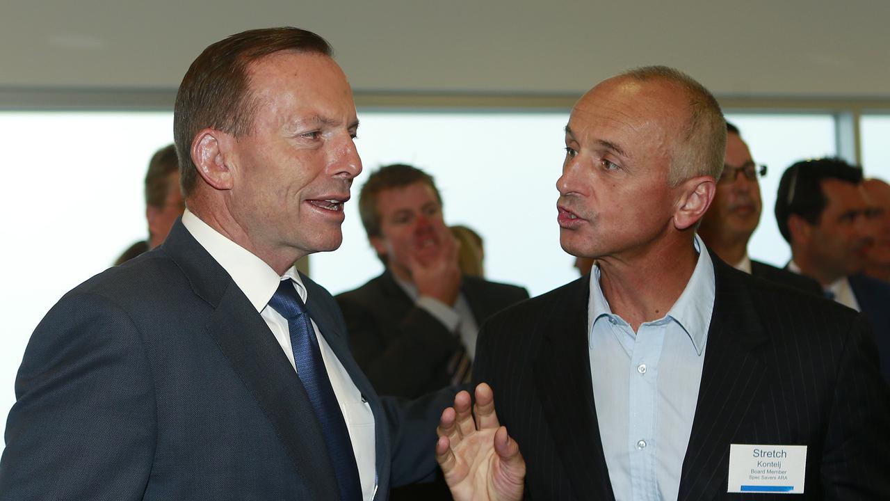 Former prime minister Tony Abbott talks with Stretch Kontelj during his previous term on council. Picture: Alison Wynd.