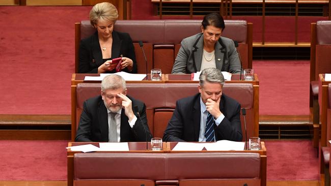 Clockwise from top left: Former Cabinet ministers Michaelia Cash, Concetta Fierravanti-Wells, Mathias Cormann and Mitch Fifield sit on the backbench during Senate Question Time. Picture: AAP