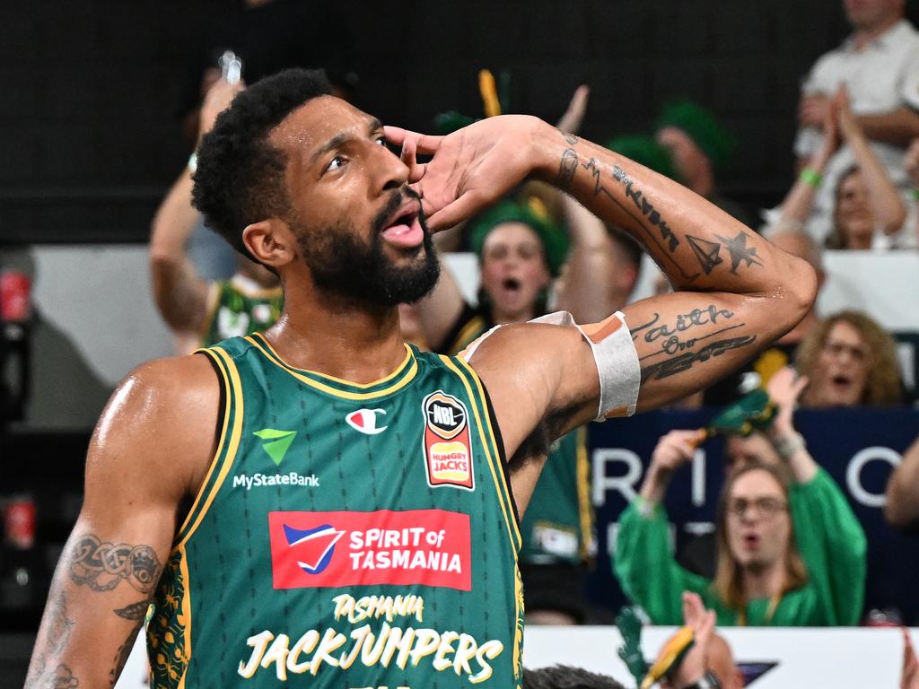 Marcus Lee celebrates with the Jackjumpers faithful after squaring the NBL Championship Grand Final Series. Picture: Getty Images