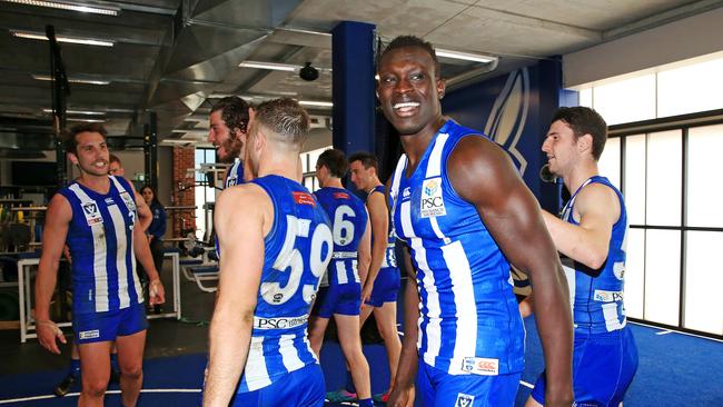 Majak Daw celebrates the win. Picture: Mark Stewart