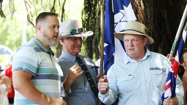 Division 9 councillor Brett Olds, Member for Kennedy Bob Katter and Member for Hill Shane Knuth all spoke at the rally and were cheered on. Picture: Brendan Radke