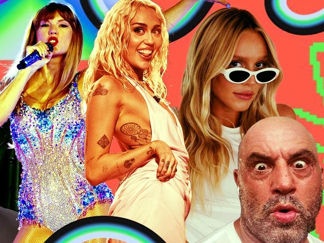 A digitally edited image of top performers on Spotify's 2023 Wrapped campaign. L-R: Bad Bunny, The Kid Laroi, Taylor Swift, Miley Cyrus, Alex Cooper (of Call Her Daddy podcast) and Joe Rogan.