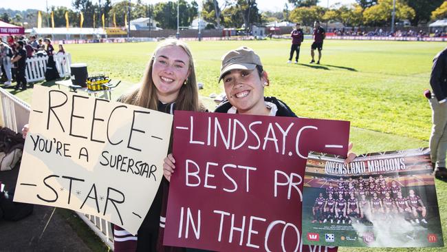 Adelaide Nolan (left) and Chloe Qalotaki at Queensland Maroons fan day at Toowoomba Sports Ground, Tuesday, June 18, 2024. Picture: Kevin Farmer