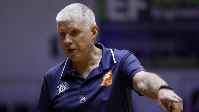 GEELONG, AUSTRALIA - NOVEMBER 16: Chris Lucas, Head Coach of Geelong United speaks to the team during the round three WNBL match between Geelong Cats and Adelaide Crows at The Geelong Arena, on November 16, 2024, in Geelong, Australia. (Photo by Daniel Pockett/Getty Images)