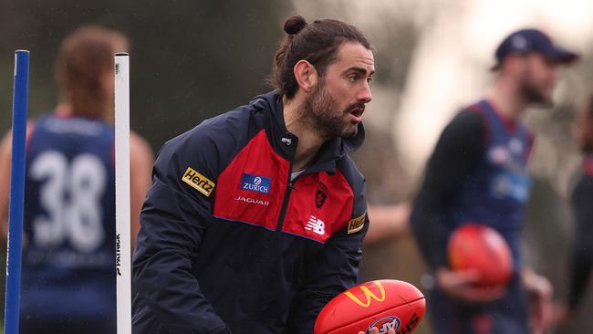 MELBOURNE, AUSTRALIA - JUNE 29: Brodie Grundy of the Demons controls the ball during a Melbourne Demons AFL training session at Casey Fields on June 29, 2023 in Melbourne, Australia. (Photo by Robert Cianflone/Getty Images)