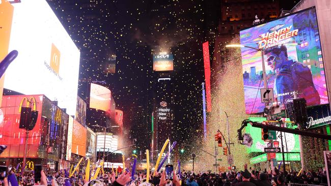 Revellers celebrate the New Year at Times Square in New York City, just after midnight on January 1, 2025. Picture: AFP