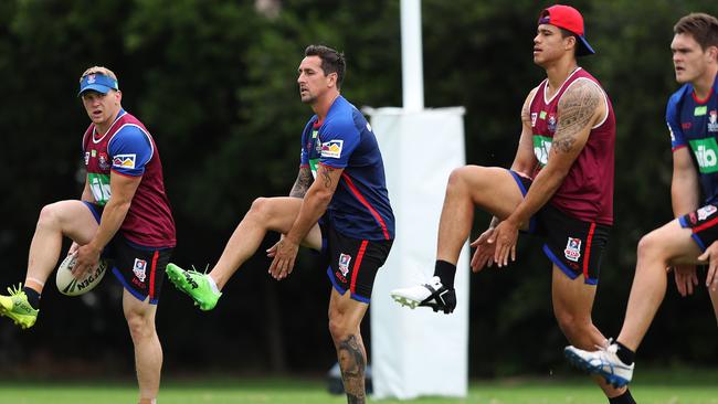 Mitchell Pearce had his first hitout with the Knights. Picture: Brett Costello