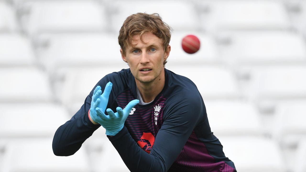 NOTTINGHAM, ENGLAND - JUNE 16: England captain Joe Root takes part in a fielding drill wearing rubber gloves during a training session at Trent Bridge on June 16, 2020 in Nottingham, England. (Photo by Gareth Copley/Getty Images) **BESTPIX**