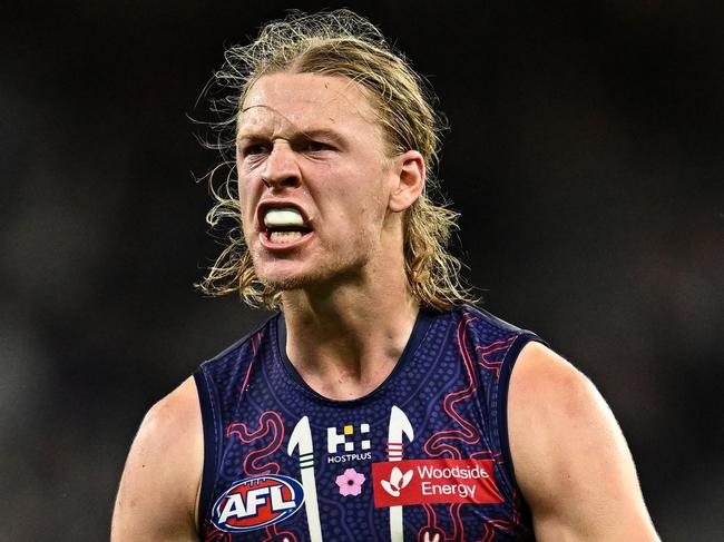 PERTH, AUSTRALIA - MAY 24: Hayden Young of the Dockers celebrates a goal during the 2024 AFL Round 11 match between Walyalup (Fremantle) and the Collingwood Magpies at Optus Stadium on May 24, 2024 in Perth, Australia. (Photo by Daniel Carson/AFL Photos via Getty Images)