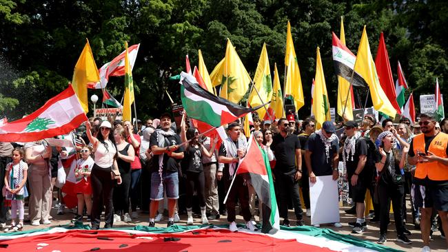 Some protesters pictured holding yellow flags. Picture: NewsWire / Damian Shaw