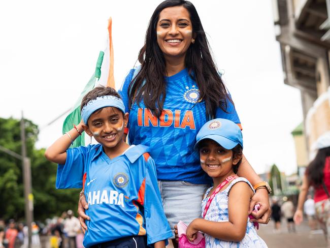 Deeptha Chugh with Aarav, 7 and Aashi, 5 arrive in support of India on the morning of Day 1. Photo: Tom Parrish