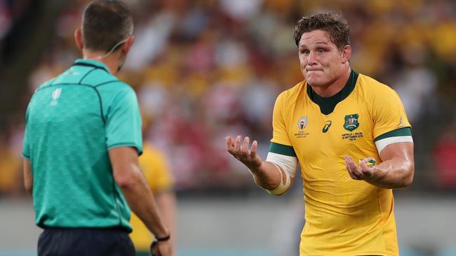 Michael Hooper pleads his case to the referee. Picture: Getty Images