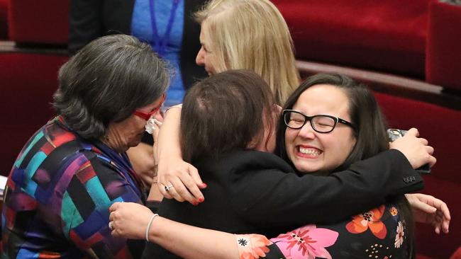 Emotional Victorian MPs after the assisted dying bill passed the upper house. (Pic: Scott Barbour/Getty)