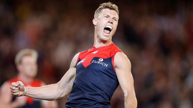 Jake Melksham celebrates his amazing goal against the Hawks. Picture: Getty Images