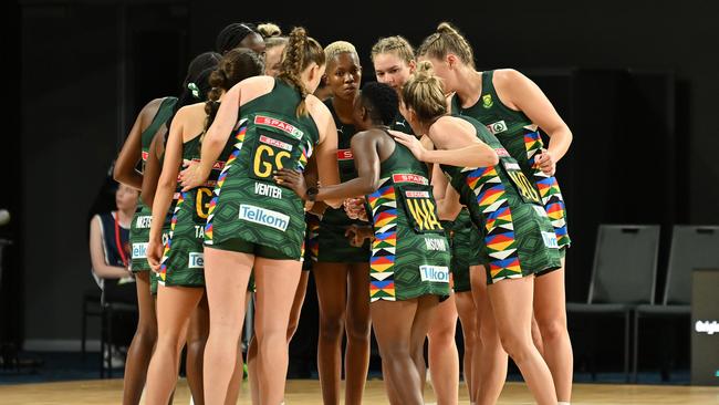 The Proteas huddle ahead of their game against the Diamonds in Cairns. Picture: Emily Barker/Getty Images