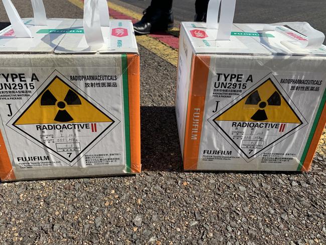 The boxes of the radioisotope that were delivered to The Children’s Hospital Westmead after a mercy flight from Tokyo, Japan. Picture: Supplied