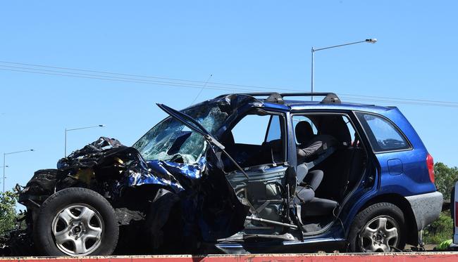 The wrecked Rav 4 that was carrying the two victims who died. Picture: Katrina Bridgeford