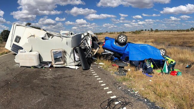 Two people were flown to Townsville University Hospital following a ute and caravan rollover near Belyando Crossing. Photo: Supplied