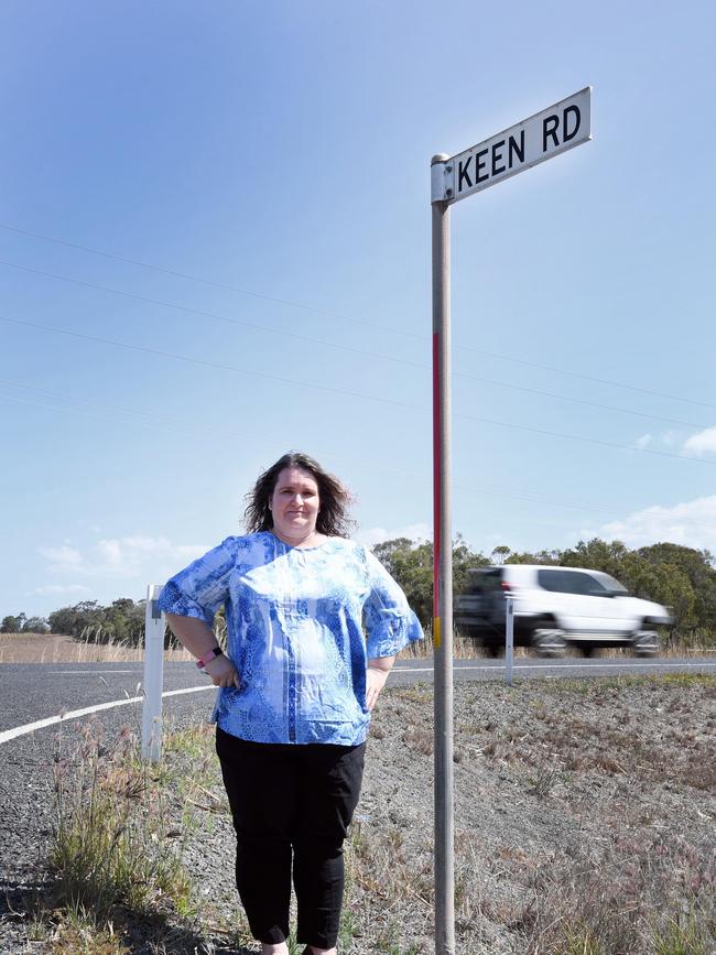 Sarah Williams at the Keen and Booral road intersection where her daughter was involved in an accident.