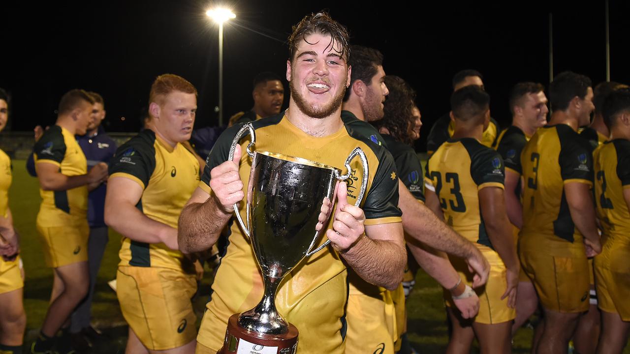 Fraser McReight celebrates after winning the Oceania Rugby U20 Championship.