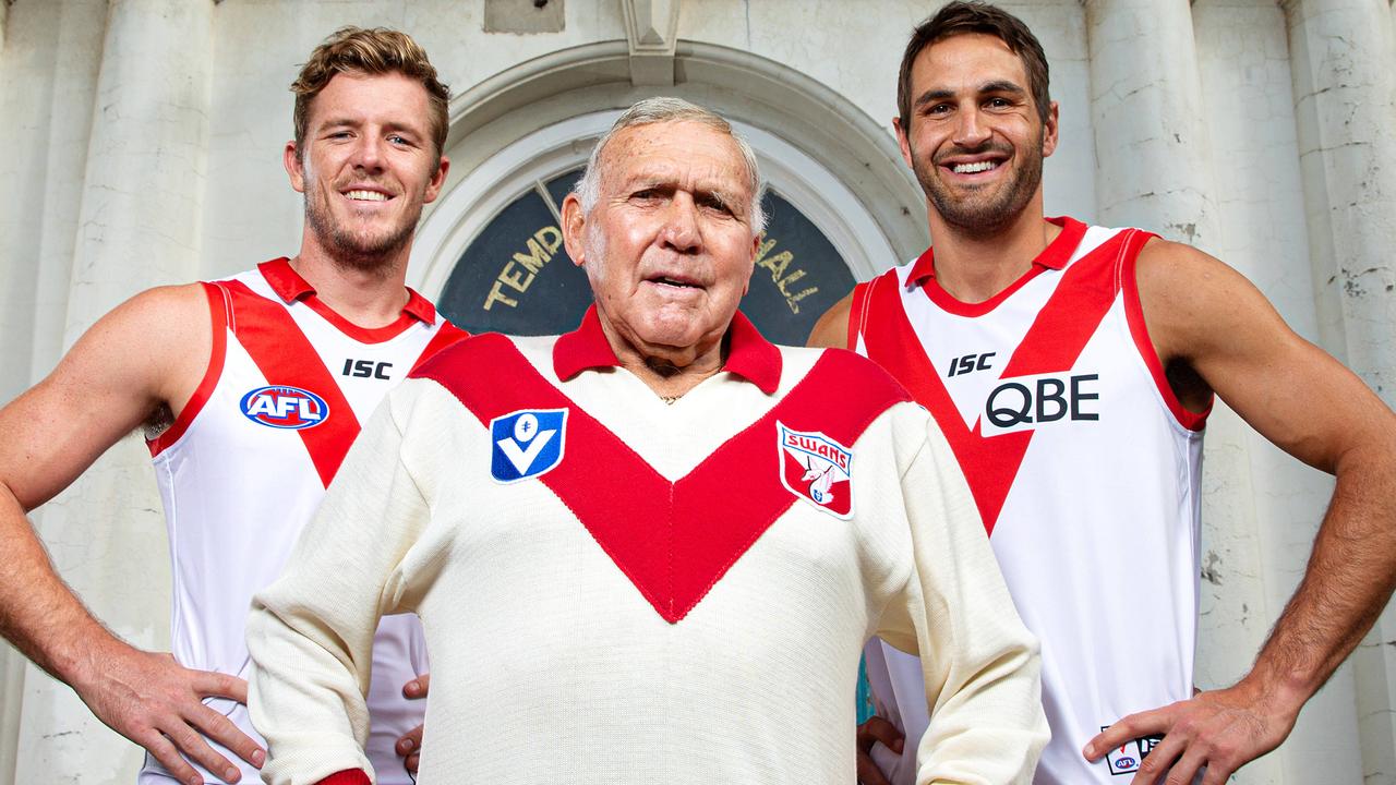 ***WARNING Exclusive and Embargoed until Feb 27- check with Glenn McFarlane***: Sydney Swans Luke Parker and Josh Kennedy pictured with club legend Bob Skilton at Temperance Hall, South Melbourne, the place the club was formed. Picture: Mark Stewart