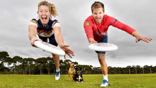 Champion Frisbee players Ailsa Enting-Hawke and Andy Badics in the south parklands near the Adelaide Lutheran Sports Club. Picture: Tricia Watkinson