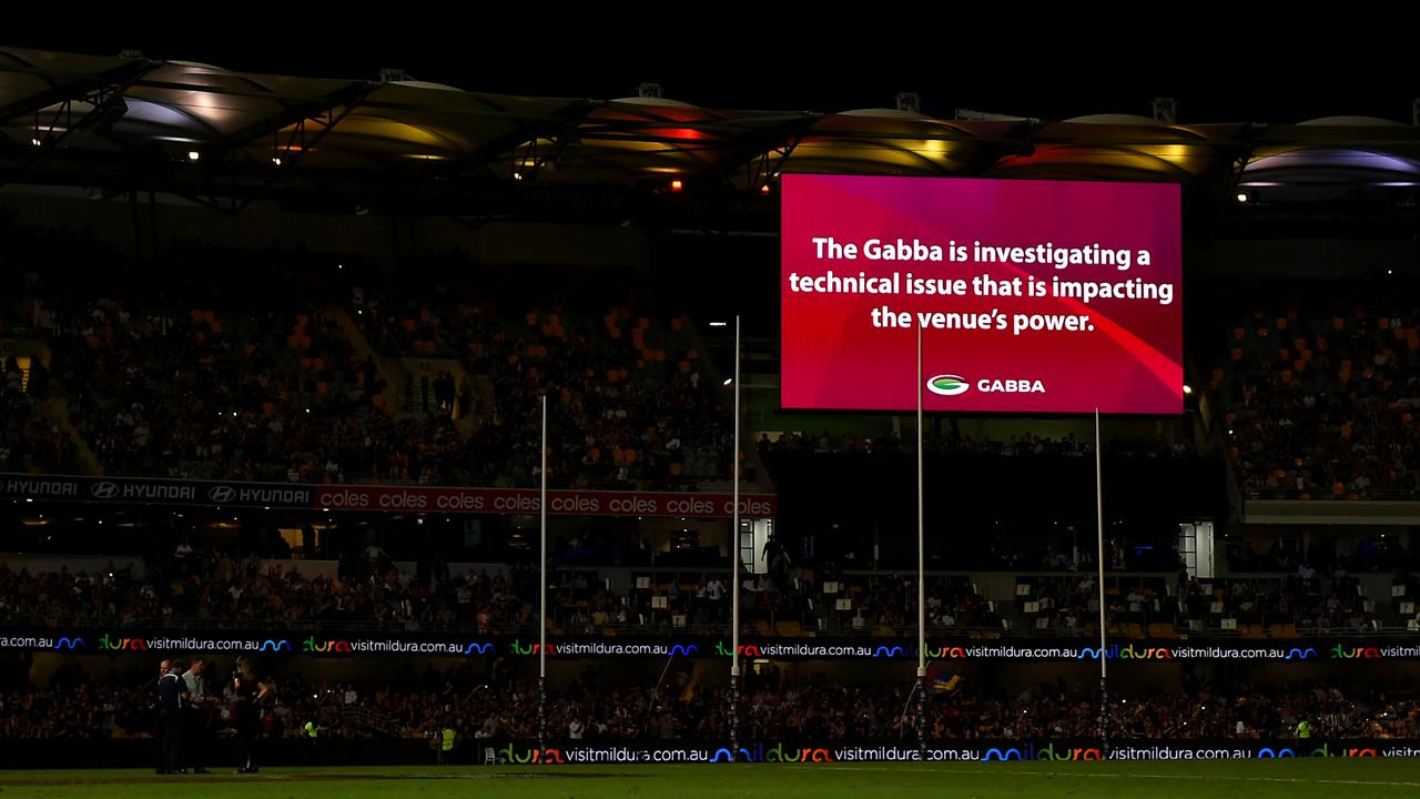 The Gabba was plunged into darkness during the final quarter in the round 2 match between the Brisbane Lions and Melbourne. Picture: Albert Perez/AFL Photos via Getty Images