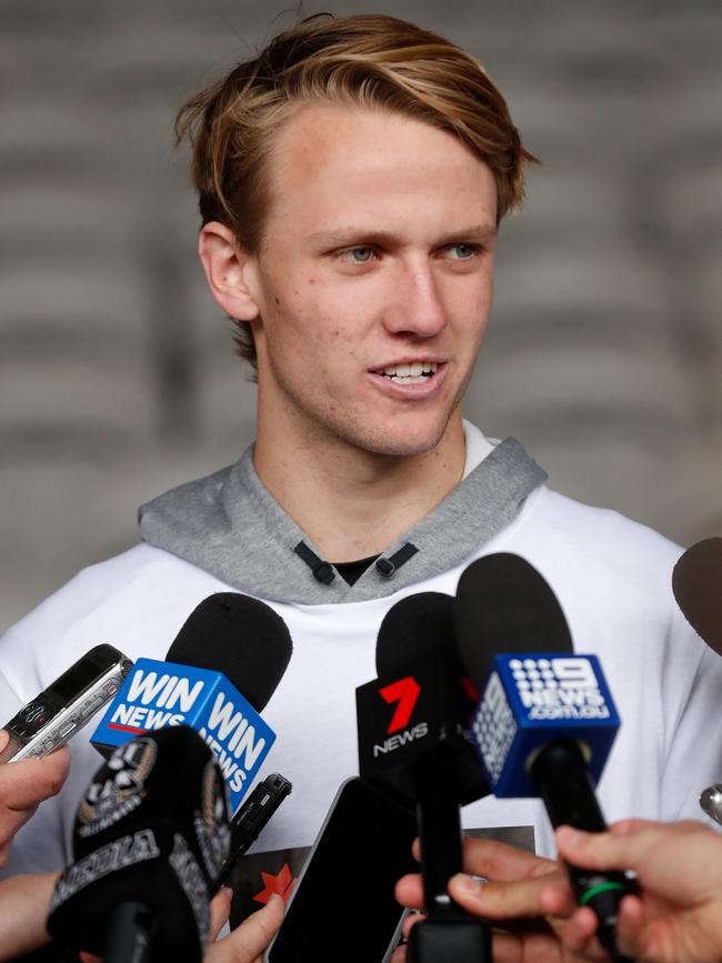 Jack Lukosius speaks to the media during the AFL Draft Combine. Picture: Michael Wilson/AFL Media/Getty Images