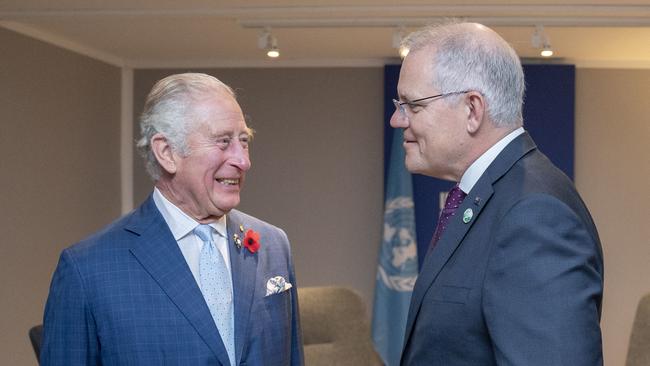 Former Prime Minister Scott Morrison shares a laugh with the man who would be King Charles III at the Glasgow COP26 climate summit. Picture: Jane Barlow / POOL / AFP