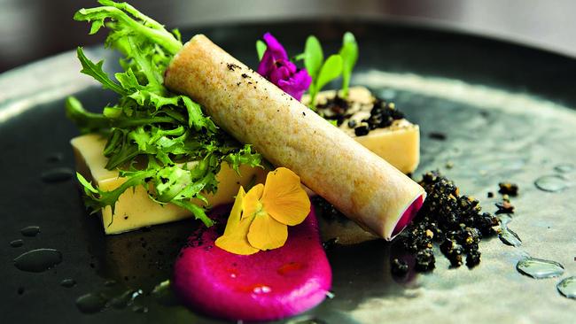 Goat cheese pannacotta with undressed “frizze” (sic) and a pastry cigar of beetroot cream. Picture: Jessica Shaver