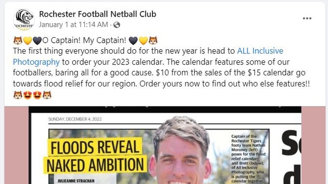 Rochester Football Netball Club Facebook post welcoming the new 2023 calendar to raise money for flood victims. The calendar project was run by All Inclusive Photography, Echuca, and included calub captain Nathan Moroney.