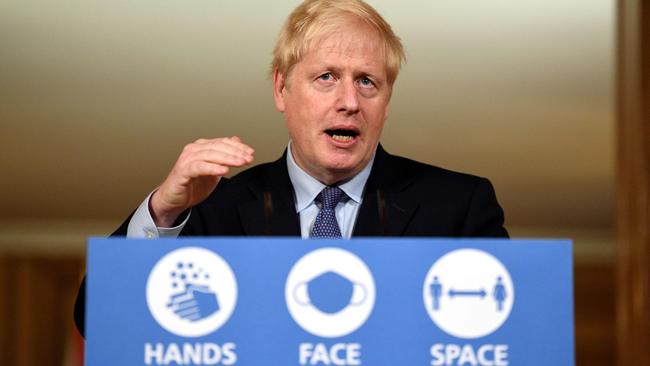 Britain’s Prime Minister Boris Johnson speaks during a virtual press conference inside 10 Downing Street in central London. Picture: AFP