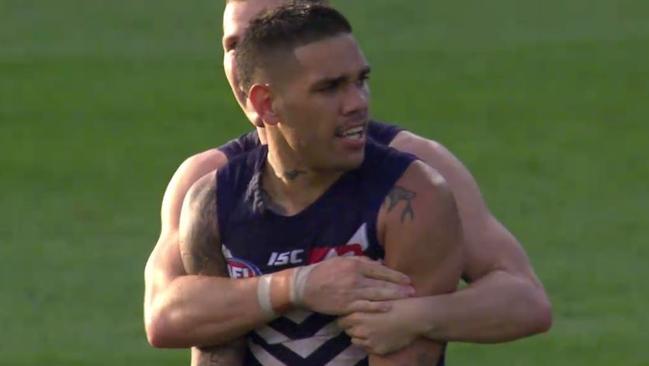 Michael Walters celebrates a goal for Fremantle.