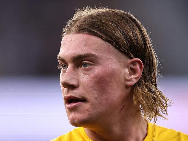 PERTH, AUSTRALIA - MAY 19: Harley Reid of the Eagles looks on during the round 10 AFL match between Waalitj Marawar (the West Coast Eagles) and Narrm (the Melbourne Demons) at Optus Stadium, on May 19, 2024, in Perth, Australia. (Photo by Paul Kane/Getty Images)