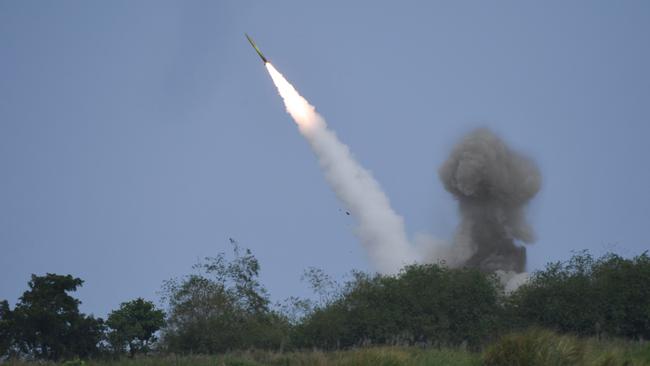 The US military fires HIMARS – almost the military centrepiece of the DSR – during a live fire exercise as part of the US-Philippines Balikatan joint exercise at San Antonio this month. Picture: AFP