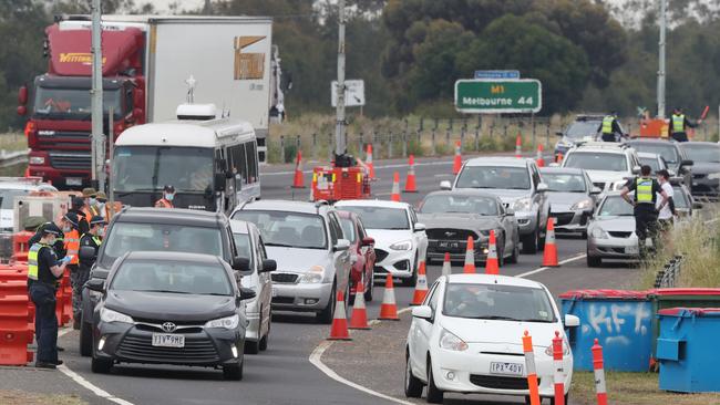 The Covid-19 roadblock as part of the ring of steel around Melbourne on Friday. Picture: David Crosling