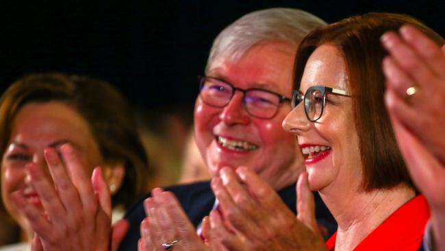 Australian Labor Party former prime ministers Kevin Rudd and Julia Gillard attend leader Bill Shorten's address during the Labor Campaign Launch. Picture: AFP