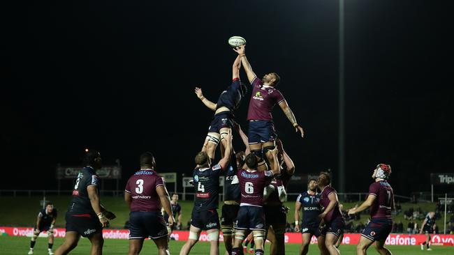 SYDNEY, AUSTRALIA - JULY 10: General view of a layout during the round 2 Super Rugby AU match between the Rebels and the Reds at Brookvale Oval on July 10, 2020 in Sydney, Australia. (Photo by Mark Metcalfe/Getty Images)