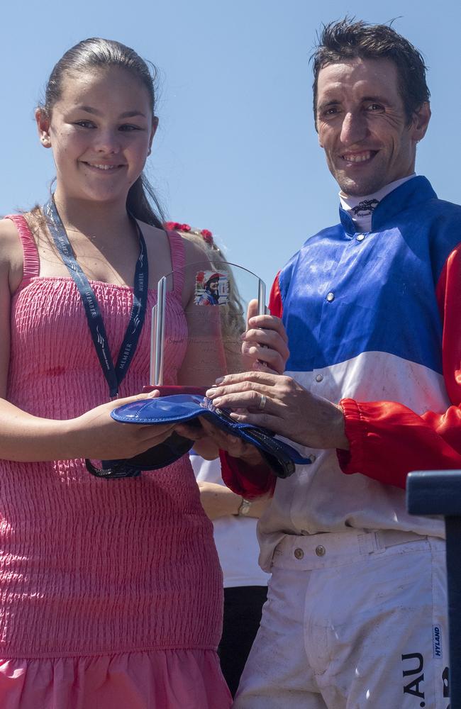 Simon Montgomerie's daughter Kodah Young with jockey Gary Clarke. Picture: Greg Irvine