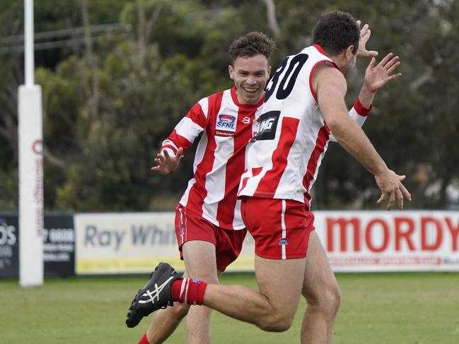 Mordialloc’s Brett O’Hanlon celebrates a goal. Picture: Valeriu Campan