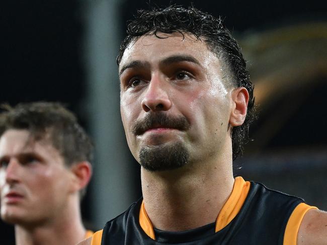 GOLD COAST, AUSTRALIA - MARCH 16: Izak Rankine of the Crows looks dejected after the round one AFL match between Gold Coast Suns and Adelaide Crows at People First Stadium, on March 16, 2024, in Gold Coast, Australia. (Photo by Matt Roberts/AFL Photos/via Getty Images )