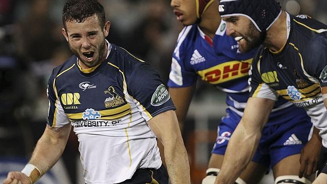 Brumbies winger Robbie Coleman celebrates after scoring a try against the Stormers.