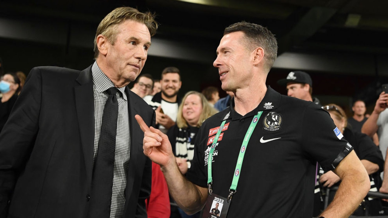 MELBOURNE, AUSTRALIA - MARCH 18: Jeff Browne the president of the Magpies and Magpies head coach Craig McRae celebrates winning the round one AFL match between the St Kilda Saints and the Collingwood Magpies at Marvel Stadium on March 18, 2022 in Melbourne, Australia. (Photo by Quinn Rooney/Getty Images)