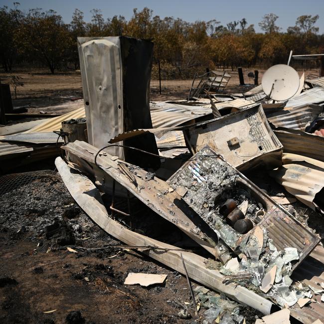 A property destroyed by a bushfire near Tara, Queensland, about 300 kilometres west of Brisbane. Fire fighters have been battling multiple bushfire in Queensland and NSW. Picture: NCA NewsWire / Dan Peled