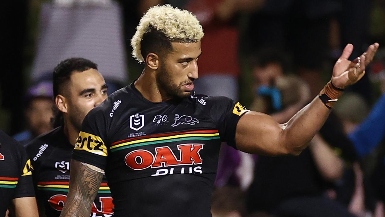 SYDNEY, AUSTRALIA - MARCH 25: Viliame Kikau of the Panthers celebrates with teammates after winning the round three NRL match between the Penrith Panthers and the Melbourne Storm at Panthers Stadium on March 25, 2021, in Sydney, Australia. (Photo by Cameron Spencer/Getty Images)