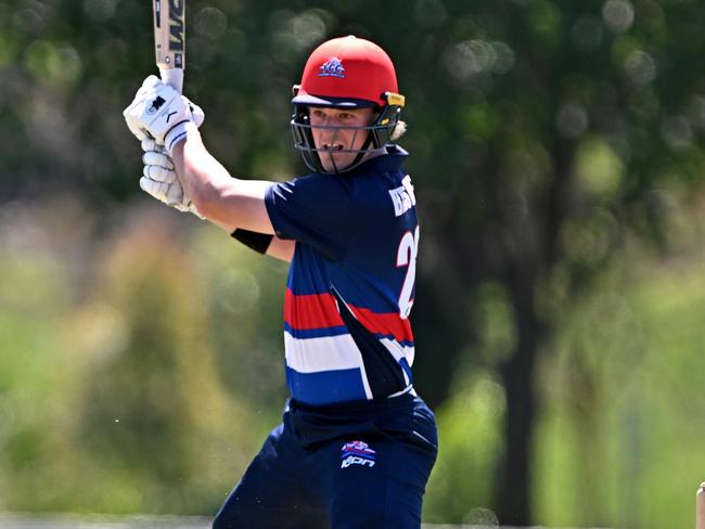 FootscrayÃs Dylan Brasher and Kingston HawthornÃs Joel Lewis during the Victorian Premier Cricket match between Footscray and Kingston Hawthorn at Mervyn Hughes Oval in Footscray, Saturday, Jan. 6, 2024. Picture: Andy Brownbil