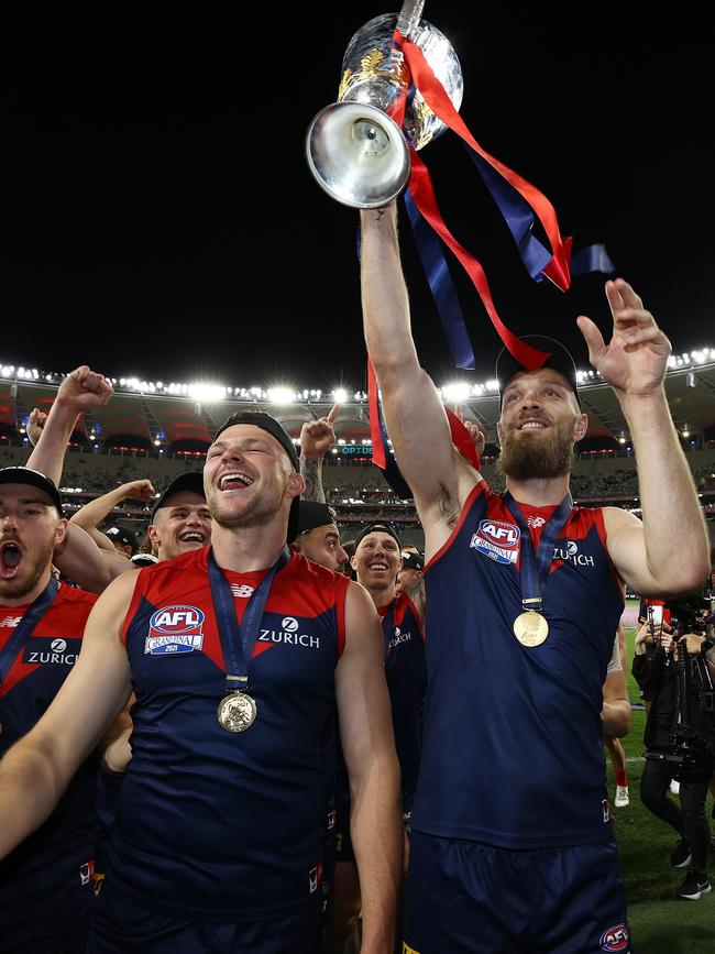 Melbourne celebrate their 2021 Premiership in Perth. Picture: Michael Klein